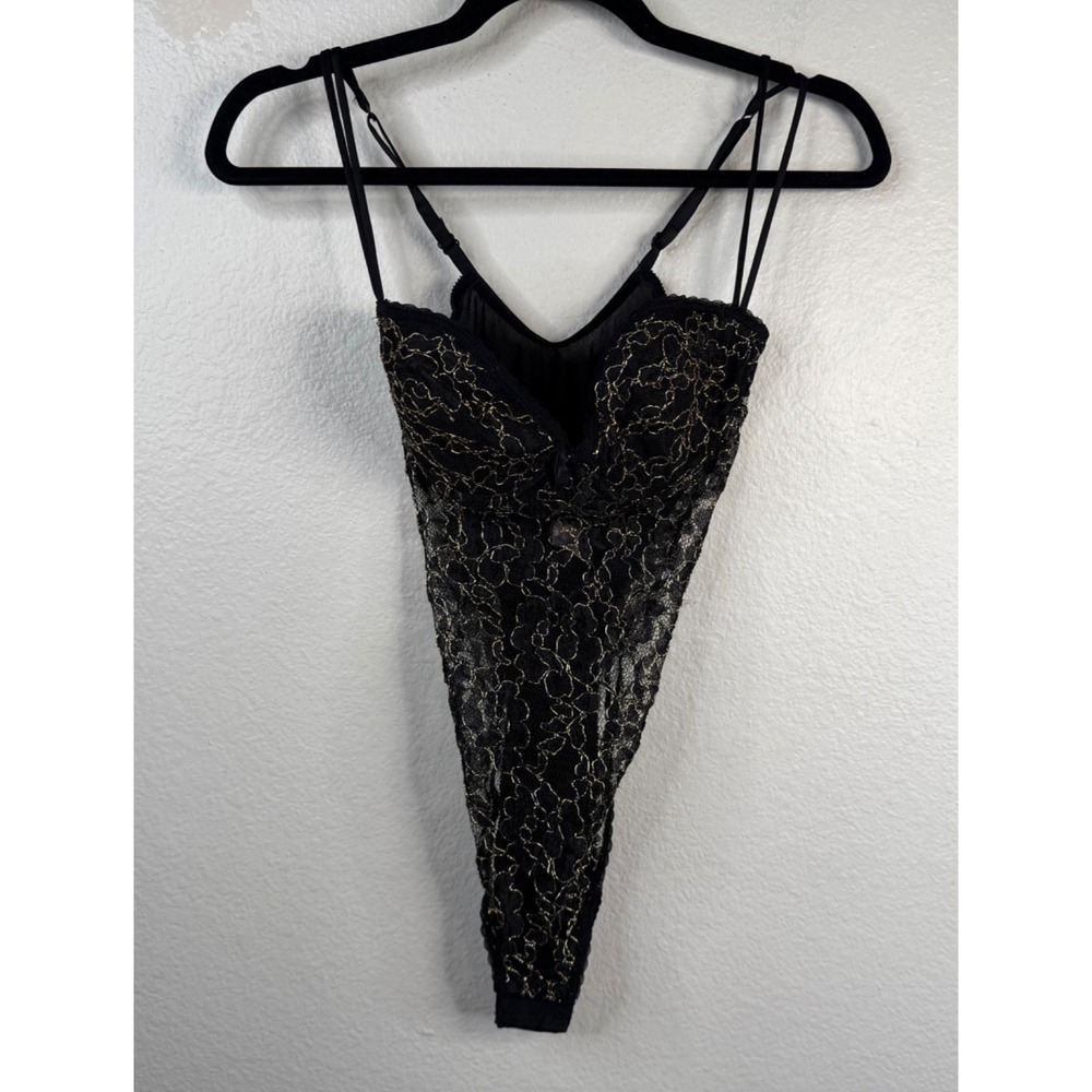 Victoria Secret Bodysuit Women's Black Gold Thread Lace Underwire Size 36C